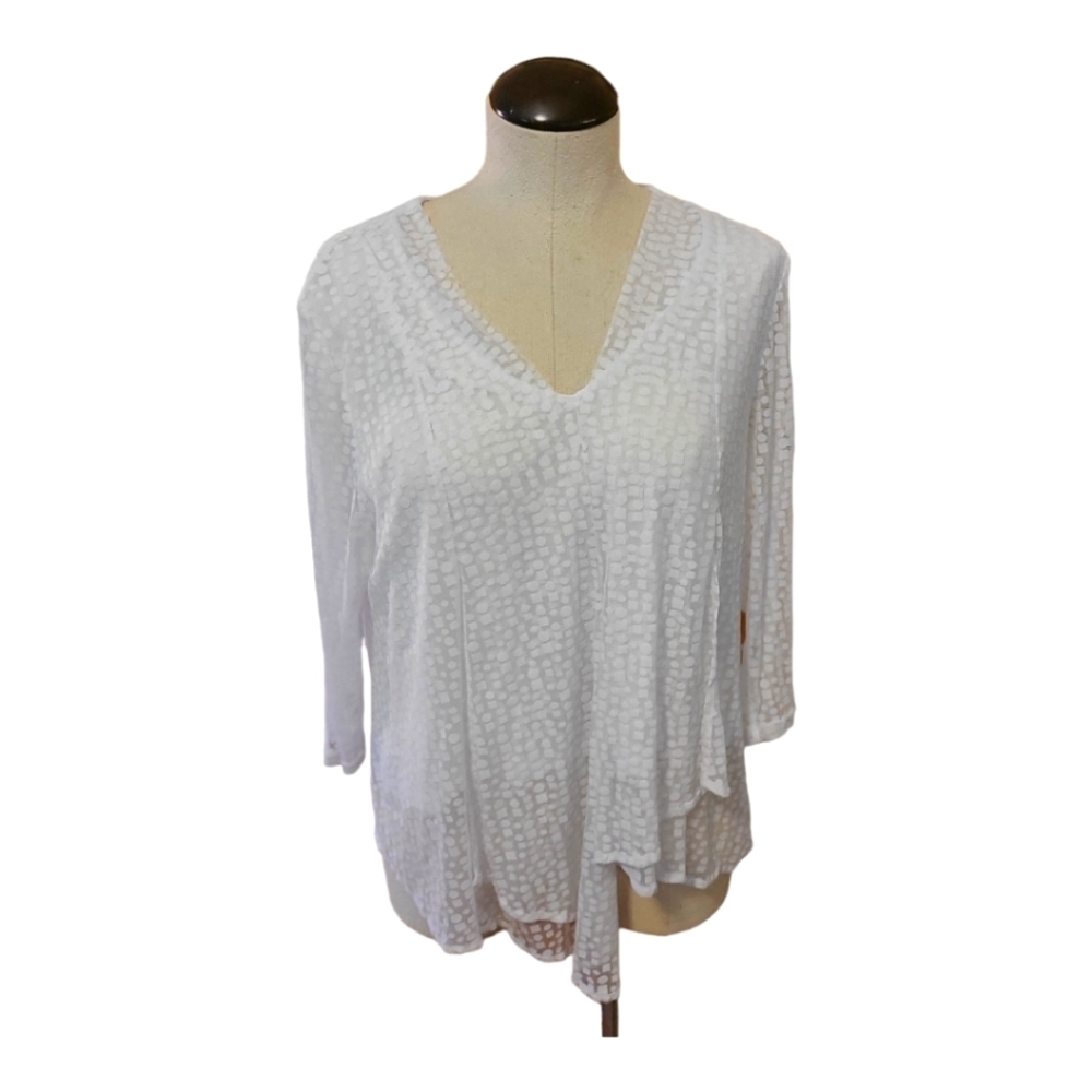 Allison Daley, White sheer blouse with lining under it. V neck. Beachy. Chic.
